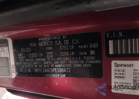 2023 Kia Forte Lxs z USA, uszkodzony, nr VIN 3KPF24AD5PE598472